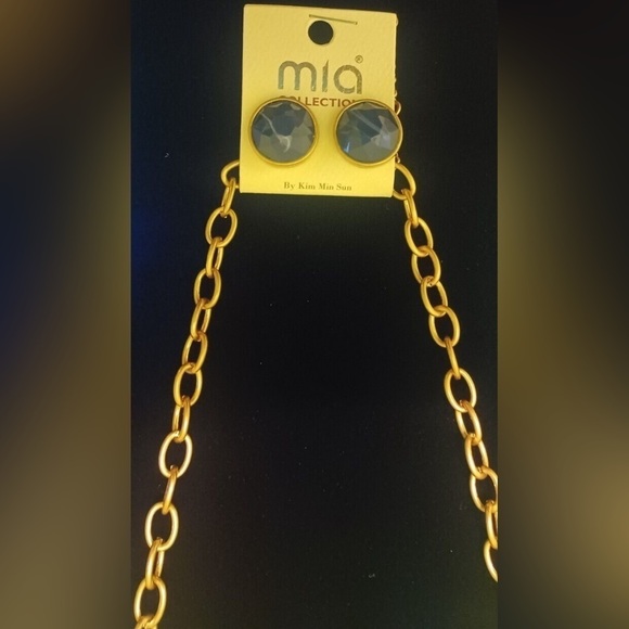 Mia 22” Pendant Necklace Tri Colored Gems & Earrings Gold Fringe - Picture 3 of 11